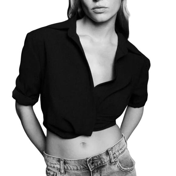 Zara M Womens Black Pleated Cropped Top Faux Wrap Surplice - Picture 1 of 10